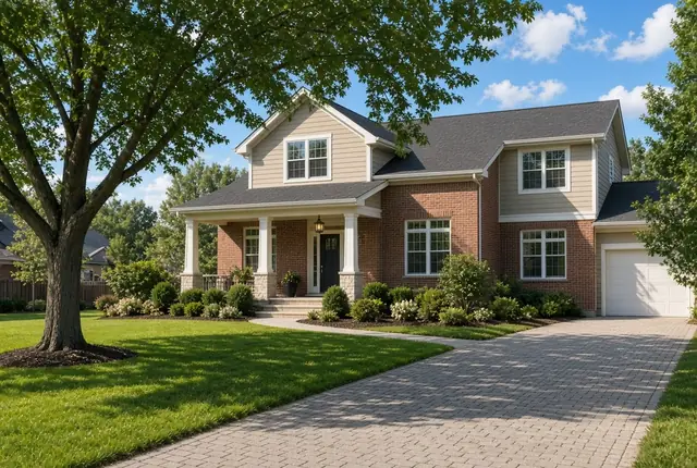Two-story single-family home with a front porch and paver driveway