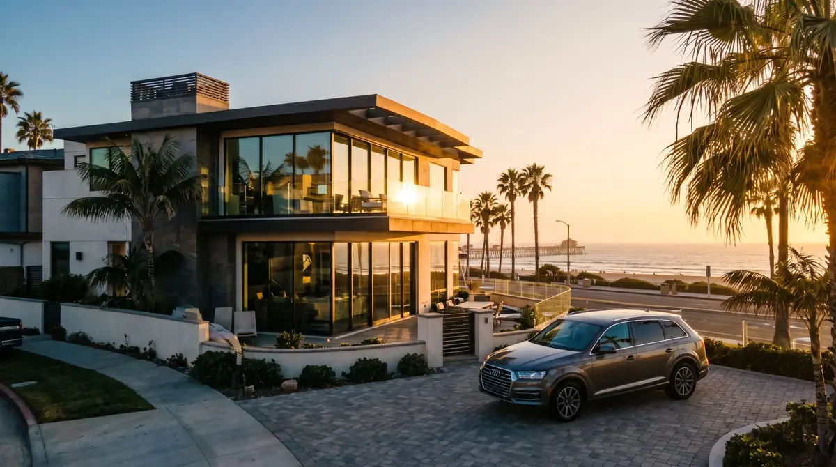 Modern coastal home at sunset across from the beach and Huntington Beach Pier
