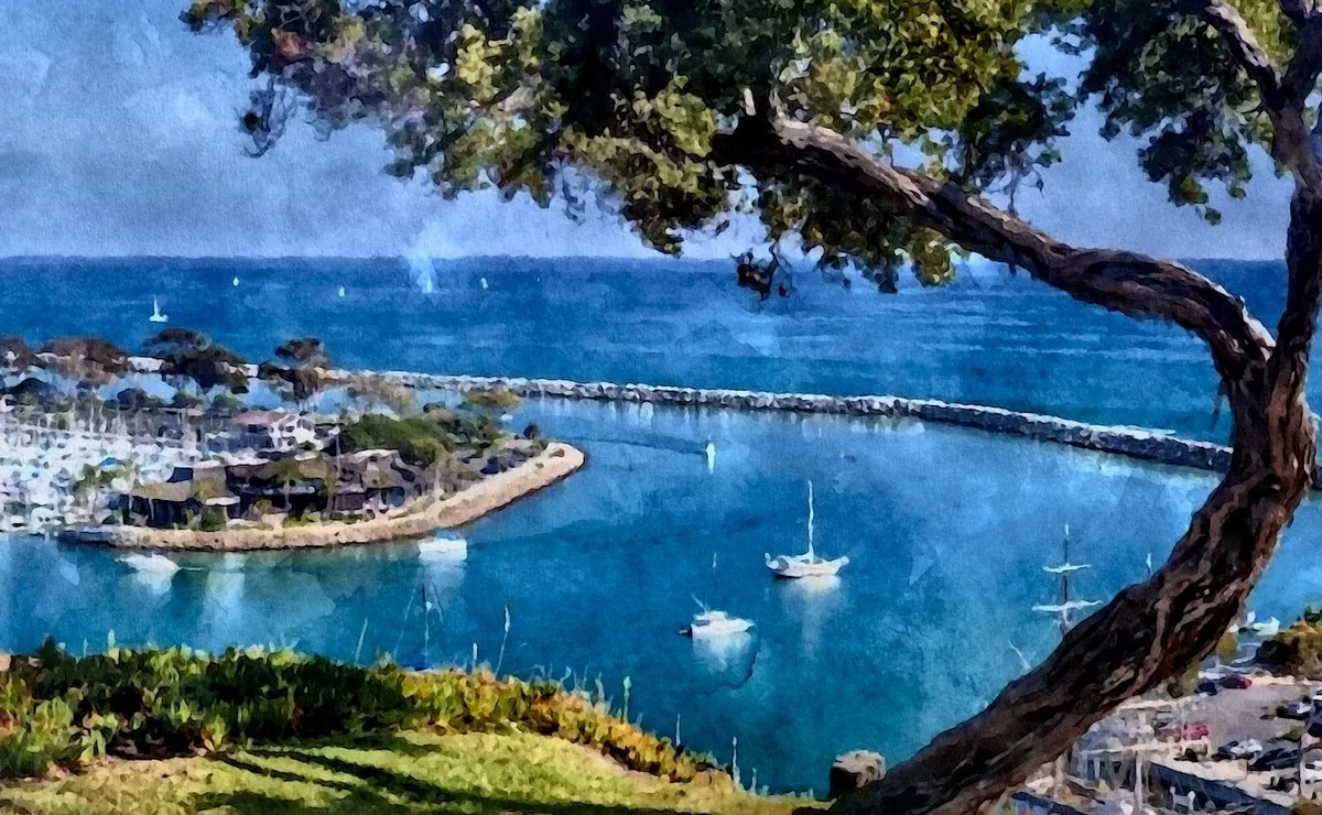 Watercolor of Dana Point Harbor seen from the bluffs