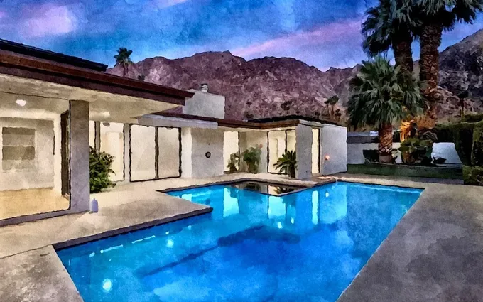 Watercolor rendering of the Indian Wells estate financed with an assets-as-income jumbo loan