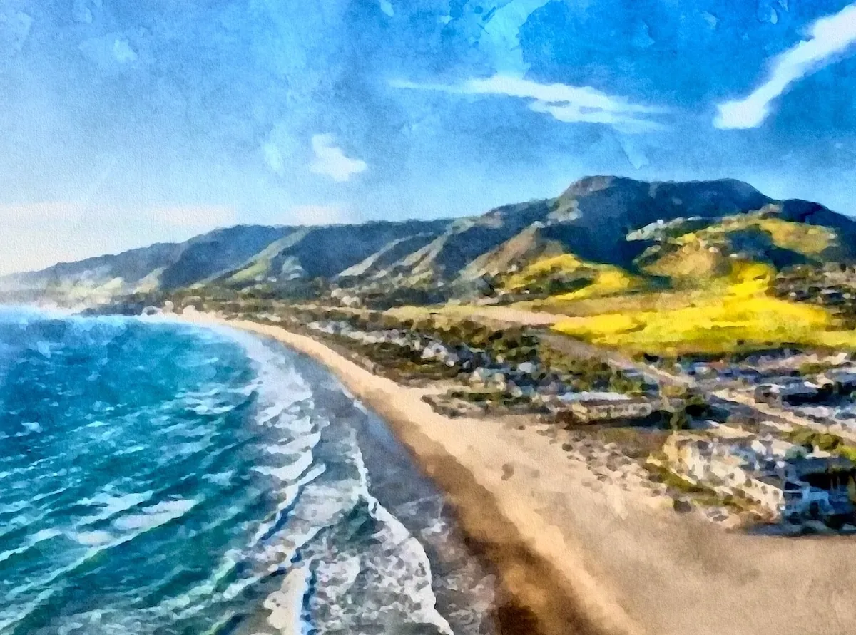 Watercolor of the Malibu coastline