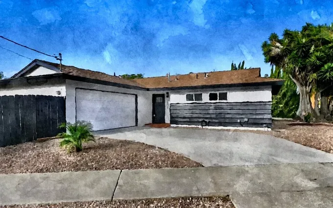 Watercolor rendering of the Oceanside property with two ADUs refinanced by Jackie Barikhan