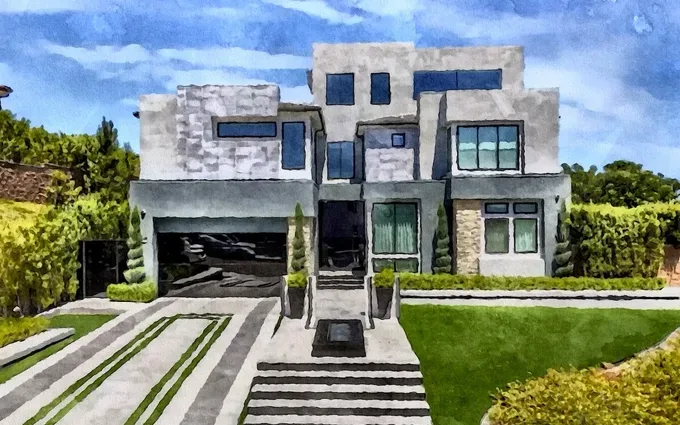 Watercolor rendering of the Porter Ranch modern home financed with a bank-statement jumbo loan